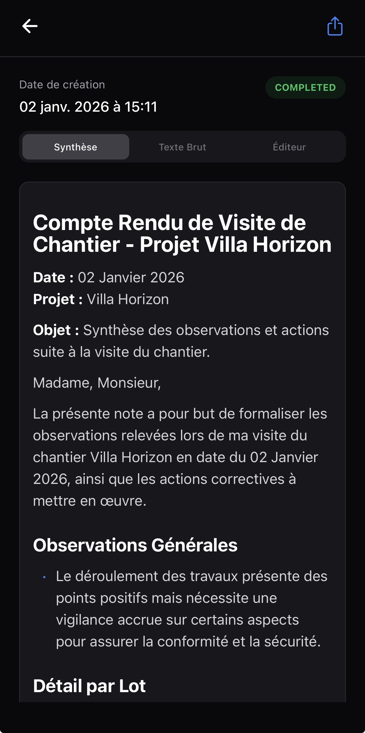 Capture d'écran de l'application Relevo montrant un rapport de visite